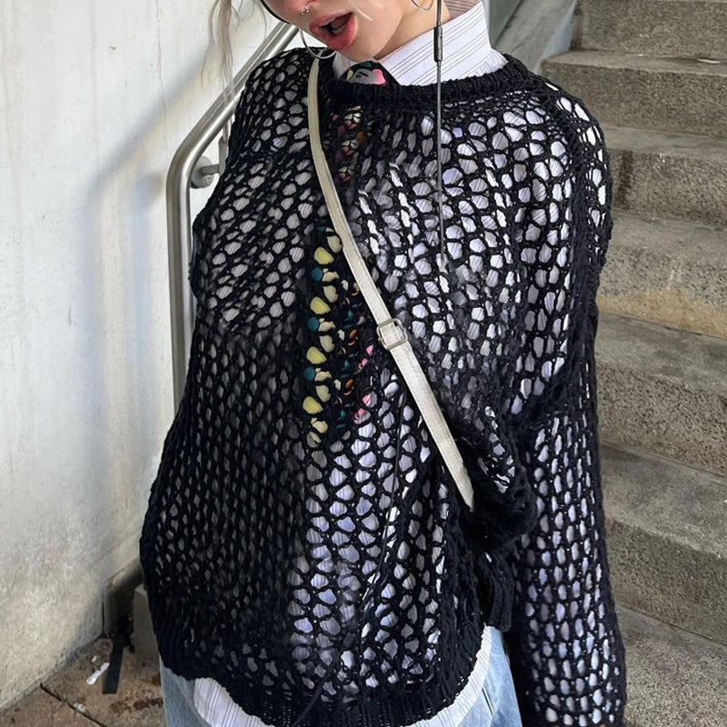 Women's Summer Boho Crochet Mesh Knit Oversized Pullover.