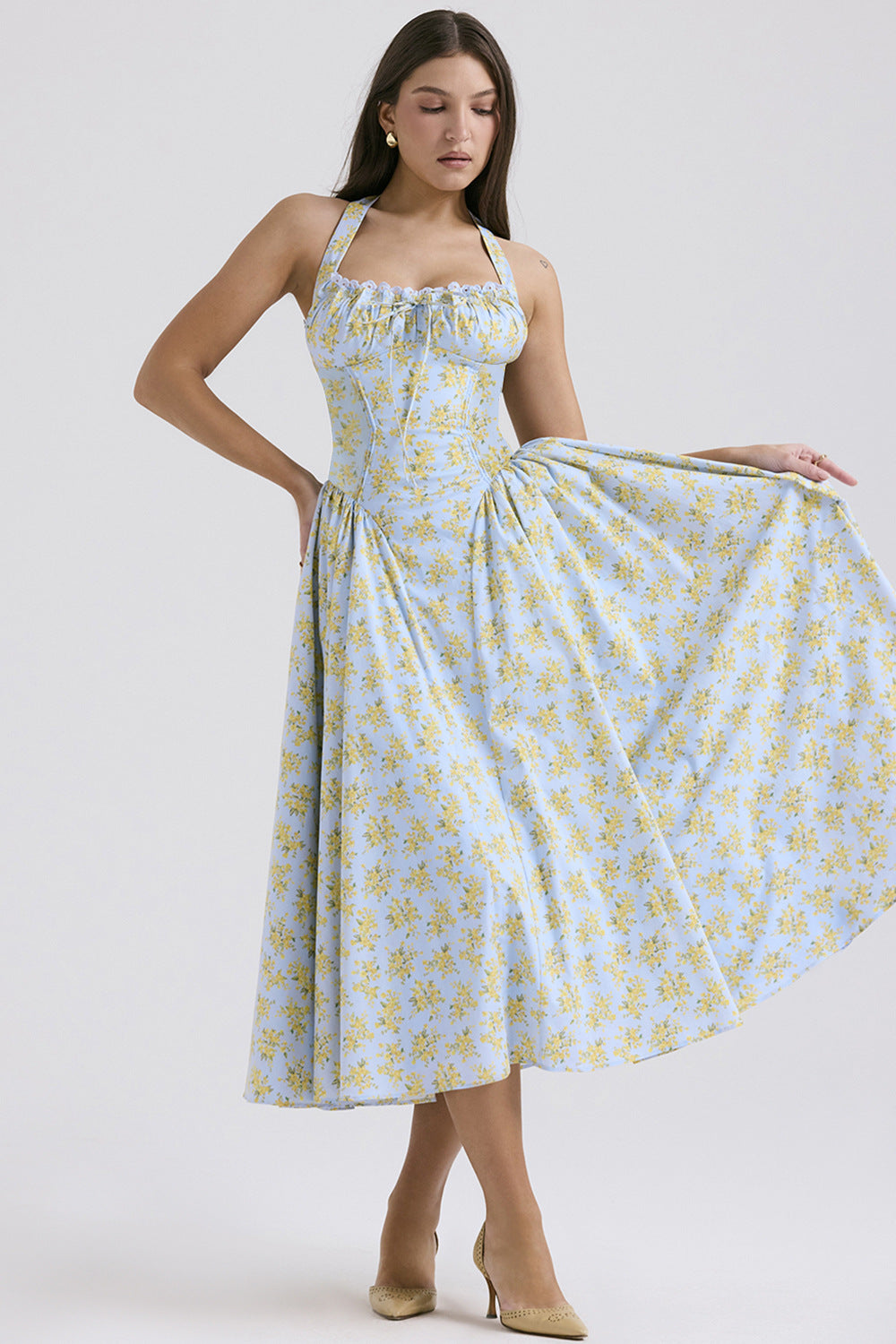 Women's Summer Floral Print Bodycon Halter Neck Maxi Dress