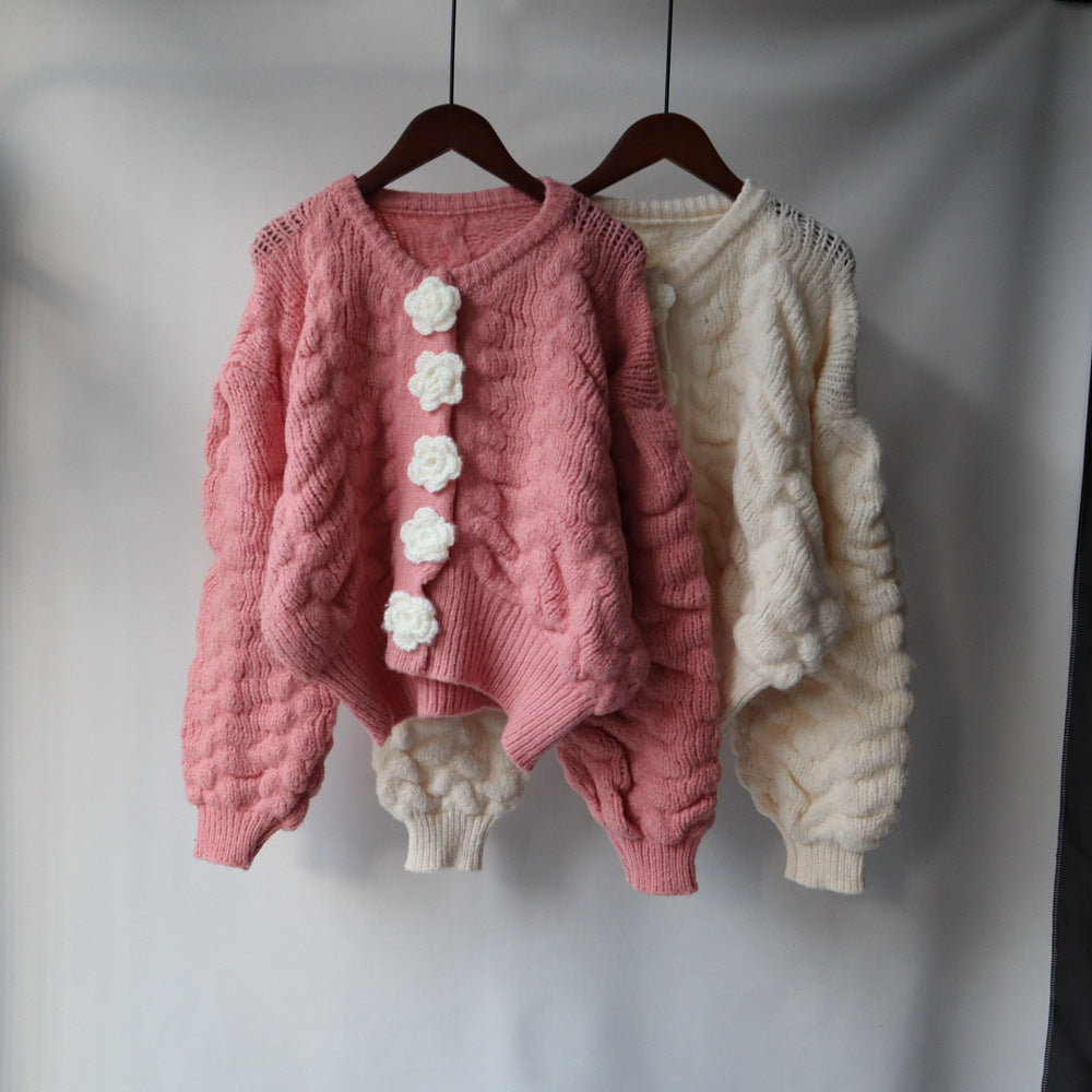 Women's Sweet Short Knit Top – Long Sleeve Floral Embroidered Cardigan Sweater
