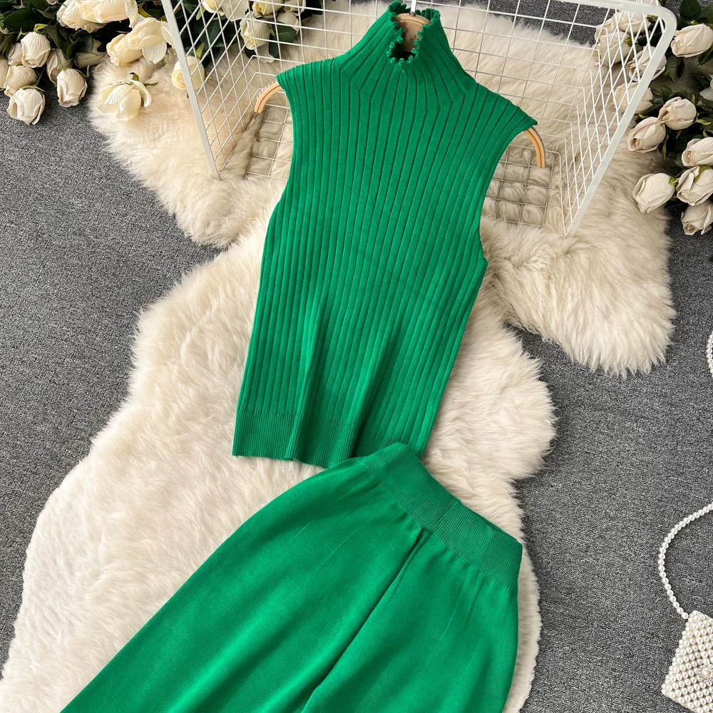 Fashion Fall Knitted 3pcs Cardigan High Neck Sweater Wide Legs Pants
