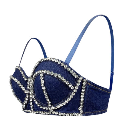 Cowfish Bone Inlaid Diamonds Detachable Straps Back-Closure Denim Corset Top
