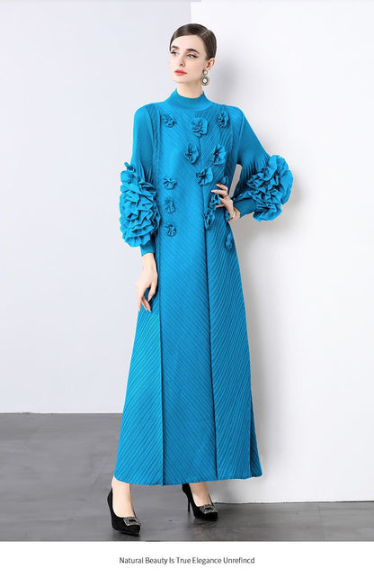 Stylish Slim-Fit Solid Color High Neck Dress with 3D Flowers