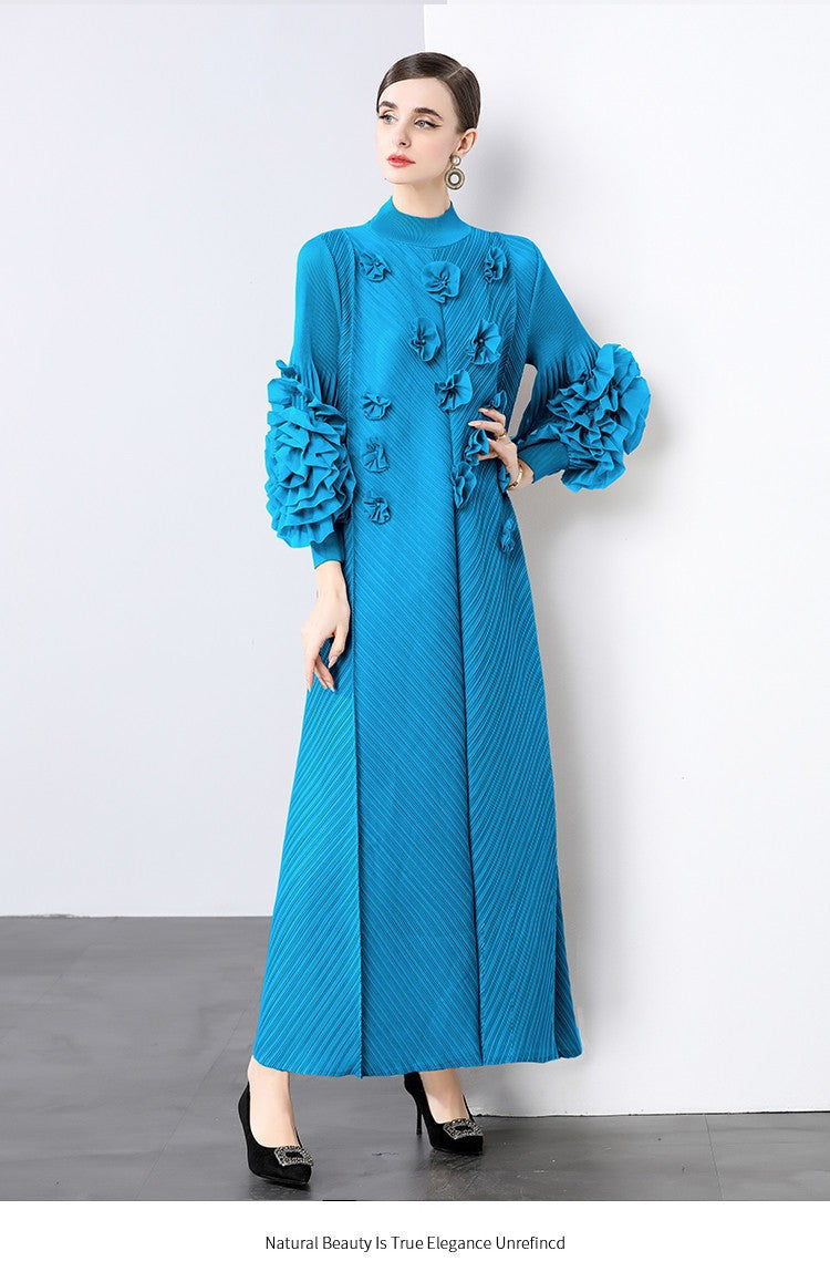 Stylish Slim-Fit Solid Color High Neck Dress with 3D Flowers