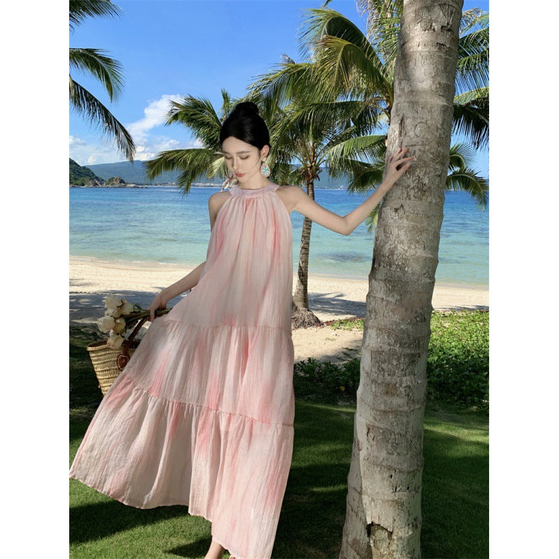 Sweet & Stylish Tie-Front Halter Sundress – Oversized Pink Tie-Dye Maxi Dress-Pink-S-Free Shipping Leatheretro