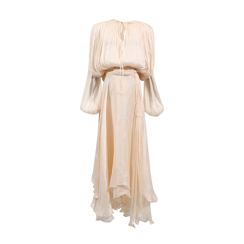 Women's Summer V-Neck Belted Ribbon Tie Waist Flowy Dress