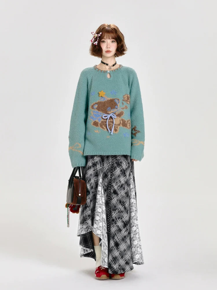 Girlyhalo Cozy Retro Bear Knit Sweater Women