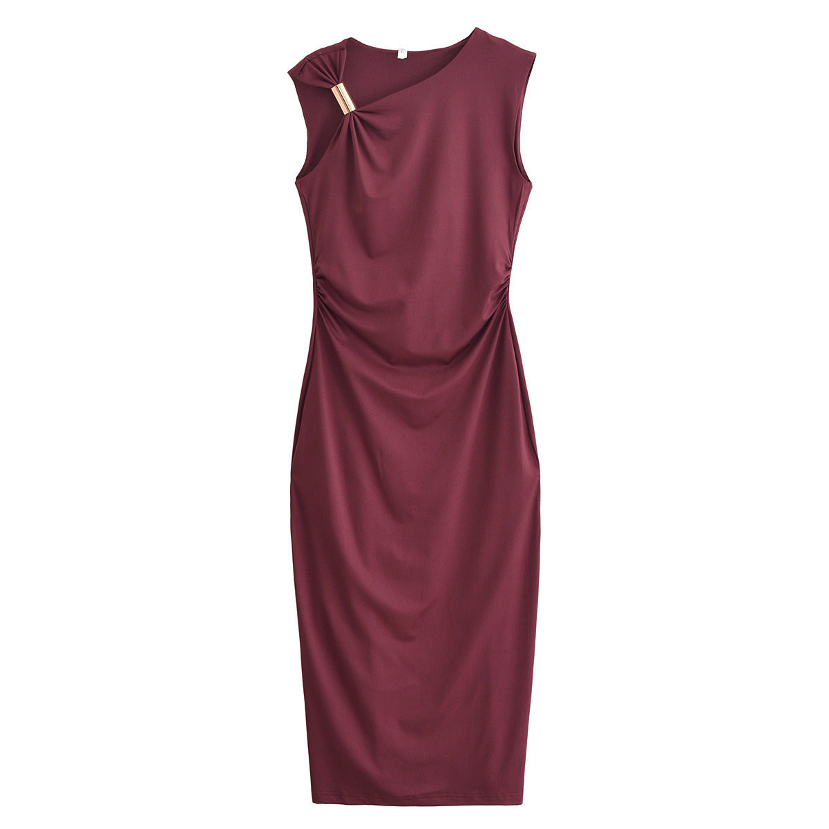 Gold Trim Asymmetrical Neckline Sleeveless Midi Dress