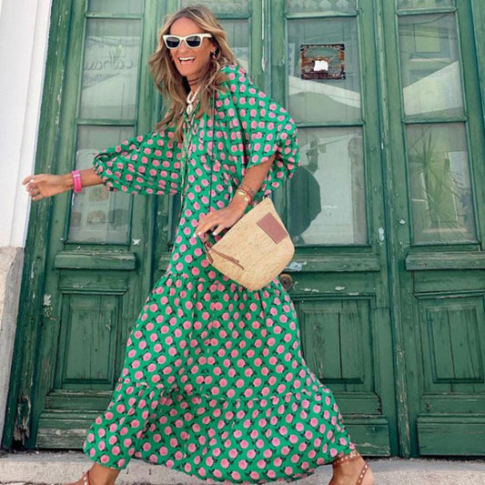 Plus Size Boho Print Dress with Puff Sleeves
