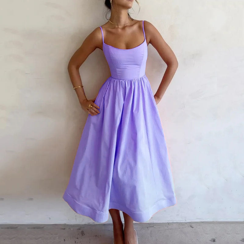 Sexy U-Neck Belted Ruffle Strap Flared Dress