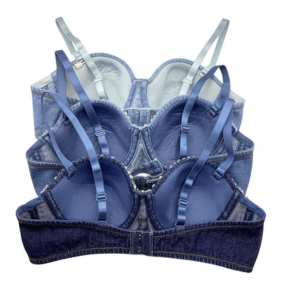 Cowfish Bone Inlaid Diamonds Detachable Straps Back-Closure Denim Corset Top