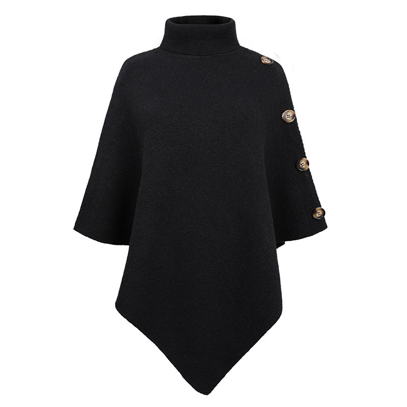 High-Neck Cape Sweater – Solid Color Knit Poncho Cross-Border Pullover