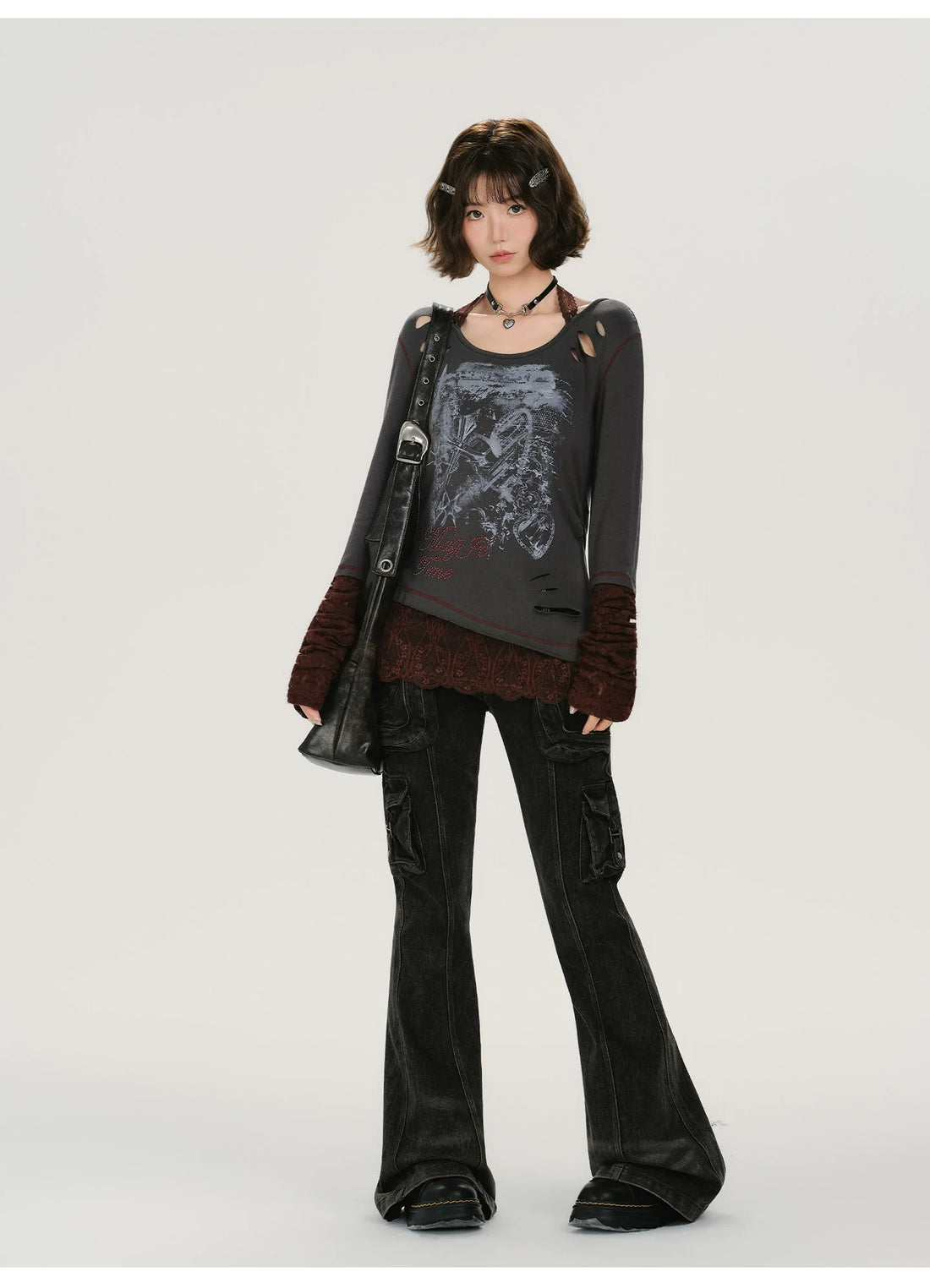 Girlyhalo Retro Patchwork Lace Distressed Long Sleeve T-Shirt