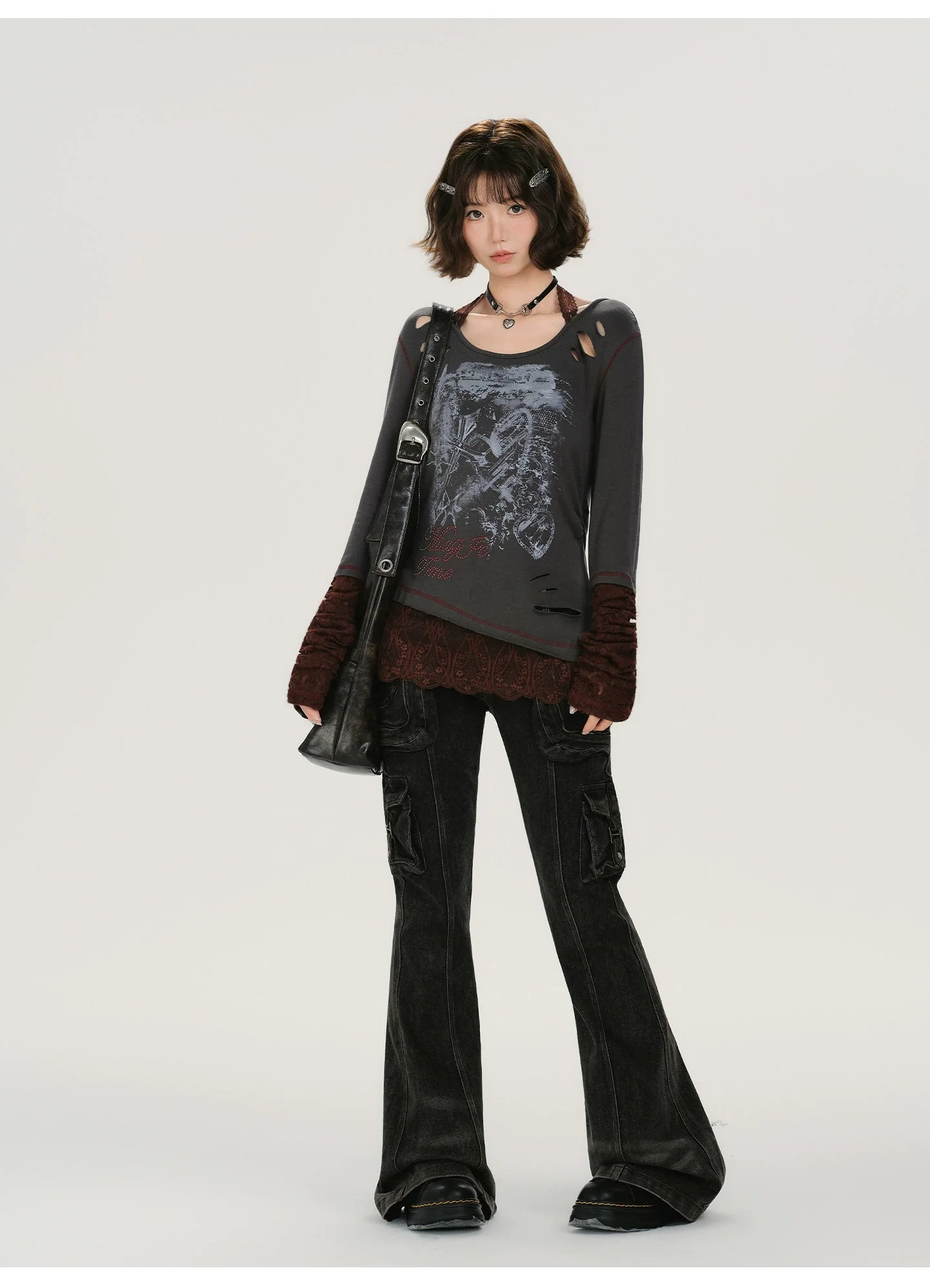 Girlyhalo Retro Patchwork Lace Distressed Long Sleeve T-Shirt