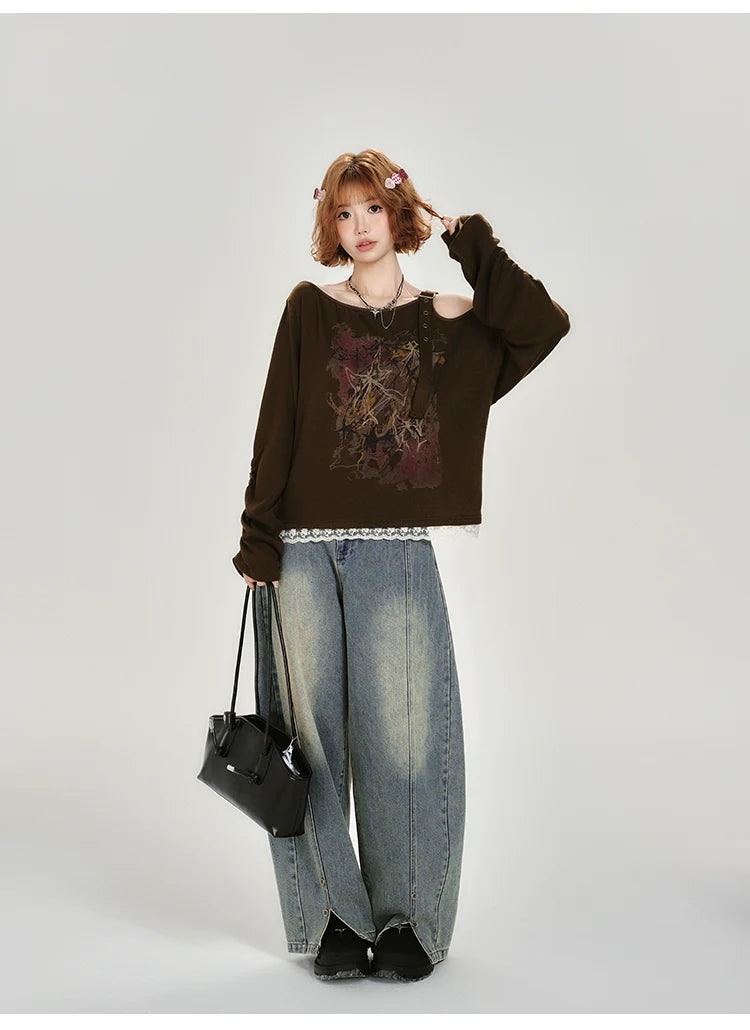 Girlyhalo Vintage Off-Shoulder Long Sleeve Top-As Photo-S-Free Shipping Leatheretro