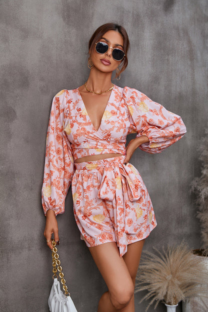 Floral Print V-Neck Long Sleeve Shorts Jumpsuit