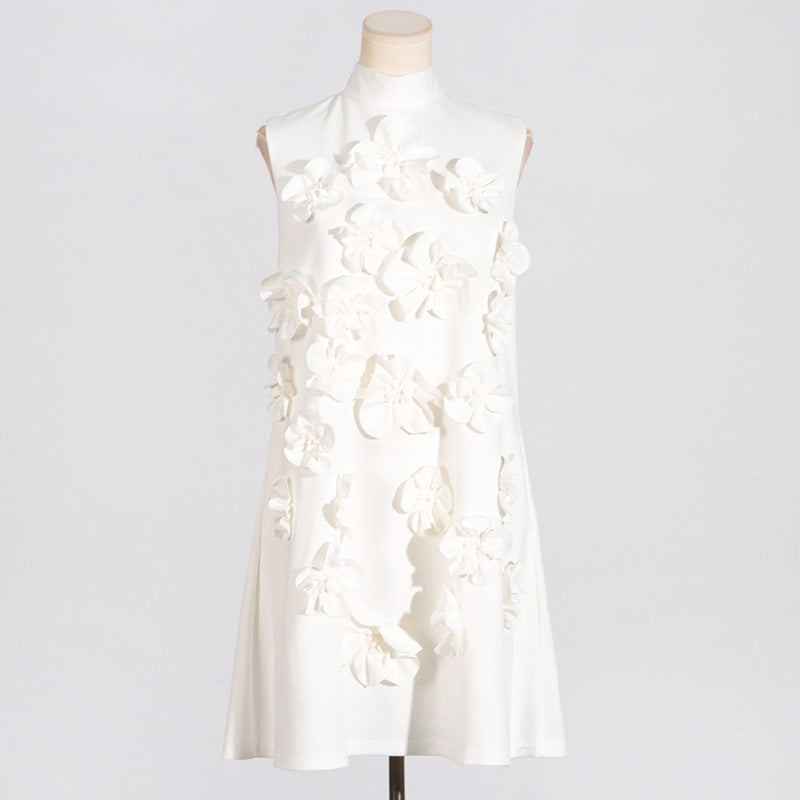 Retro Summer Stand Collar, Sleeveless Dresses with 3D Floral Details