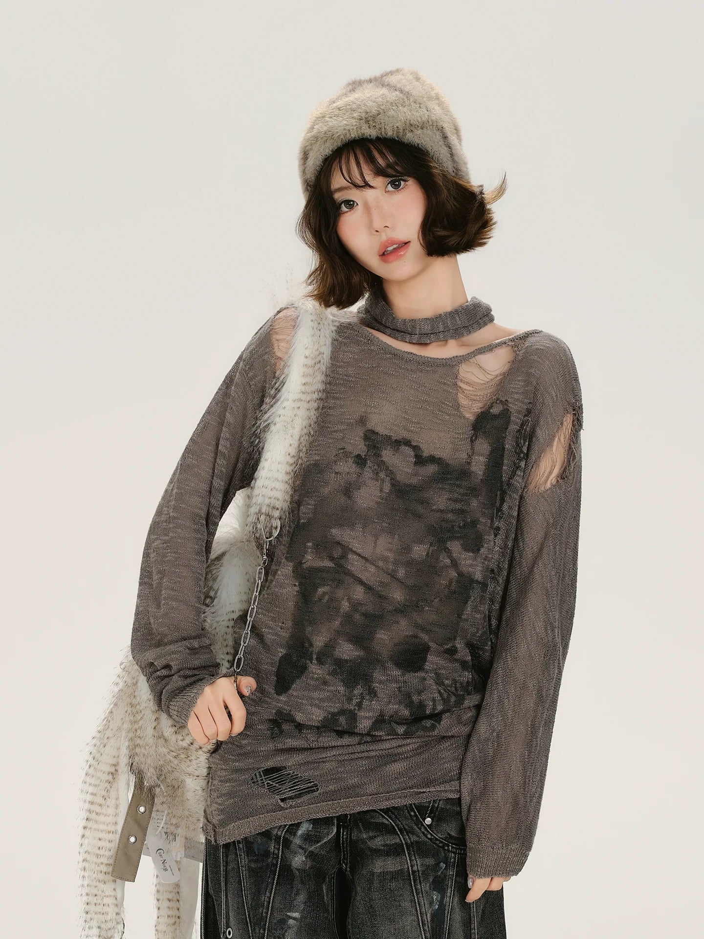 Girlyhalo Retro Baddie Print Distressed Long Sleeve Sweater