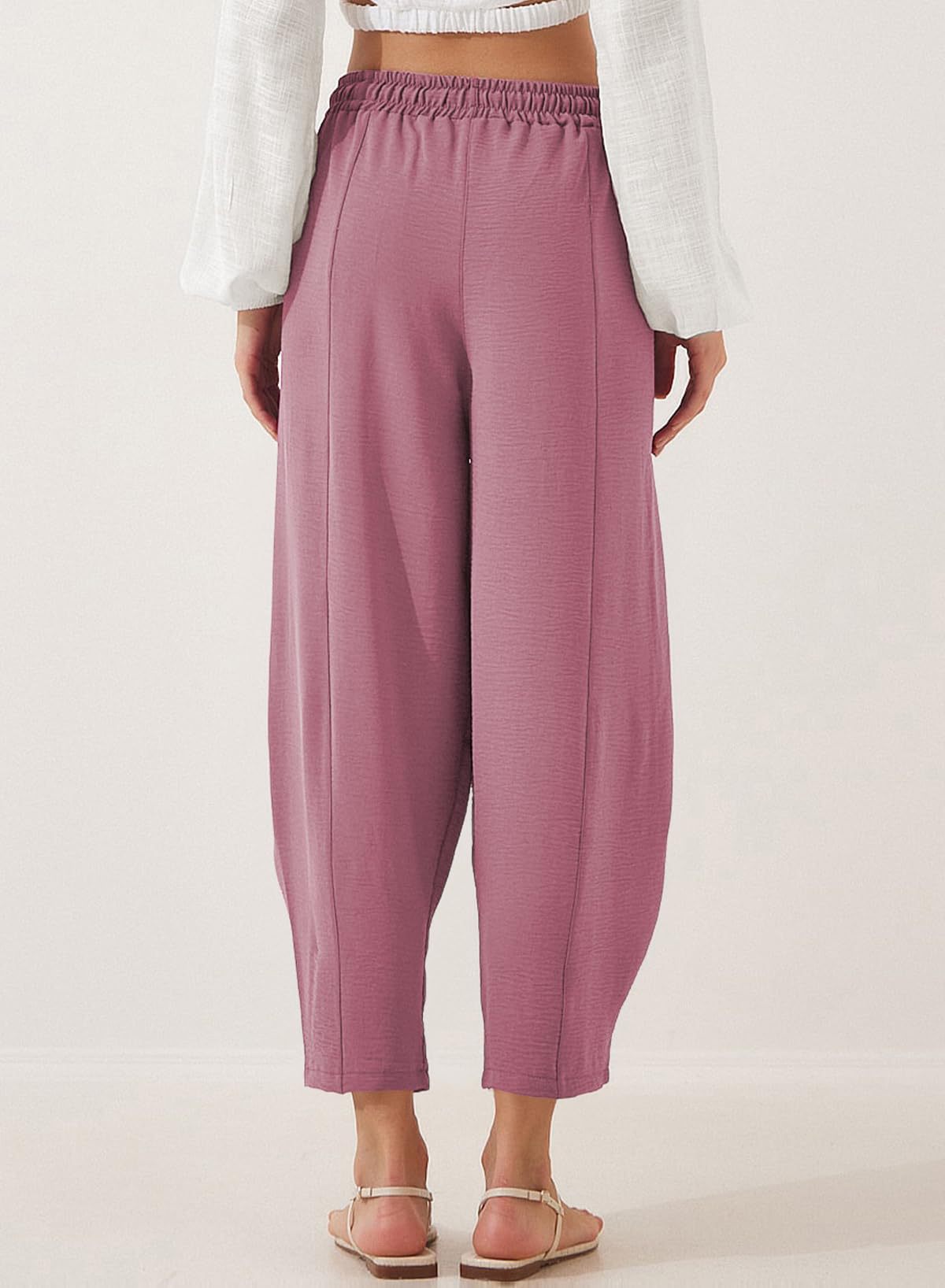 Women's Summer High-Waisted Loose Vacation Drawstring Casual Cropped Pants with Side Pockets