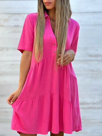 Women's Loose Fit Solid Color Lapel Casual Short Sleeve Linen Blend Dress