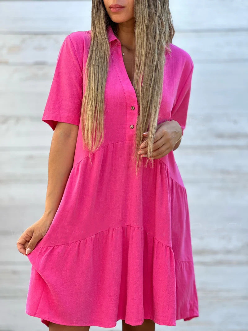 Women's Loose Fit Solid Color Lapel Casual Short Sleeve Linen Blend Dress