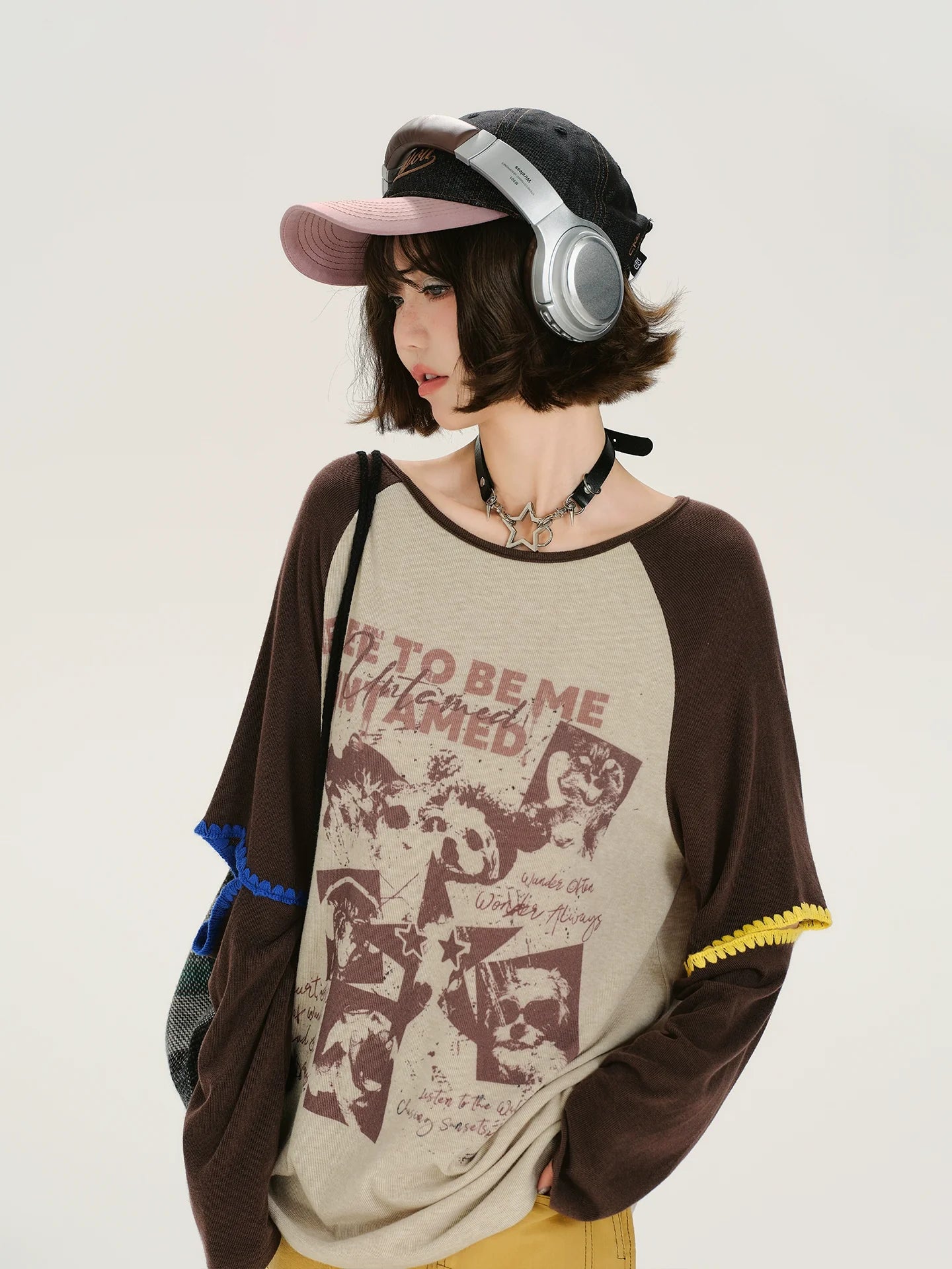 Girlyhalo Retro Print Color-Block Long Sleeve T-Shirt
