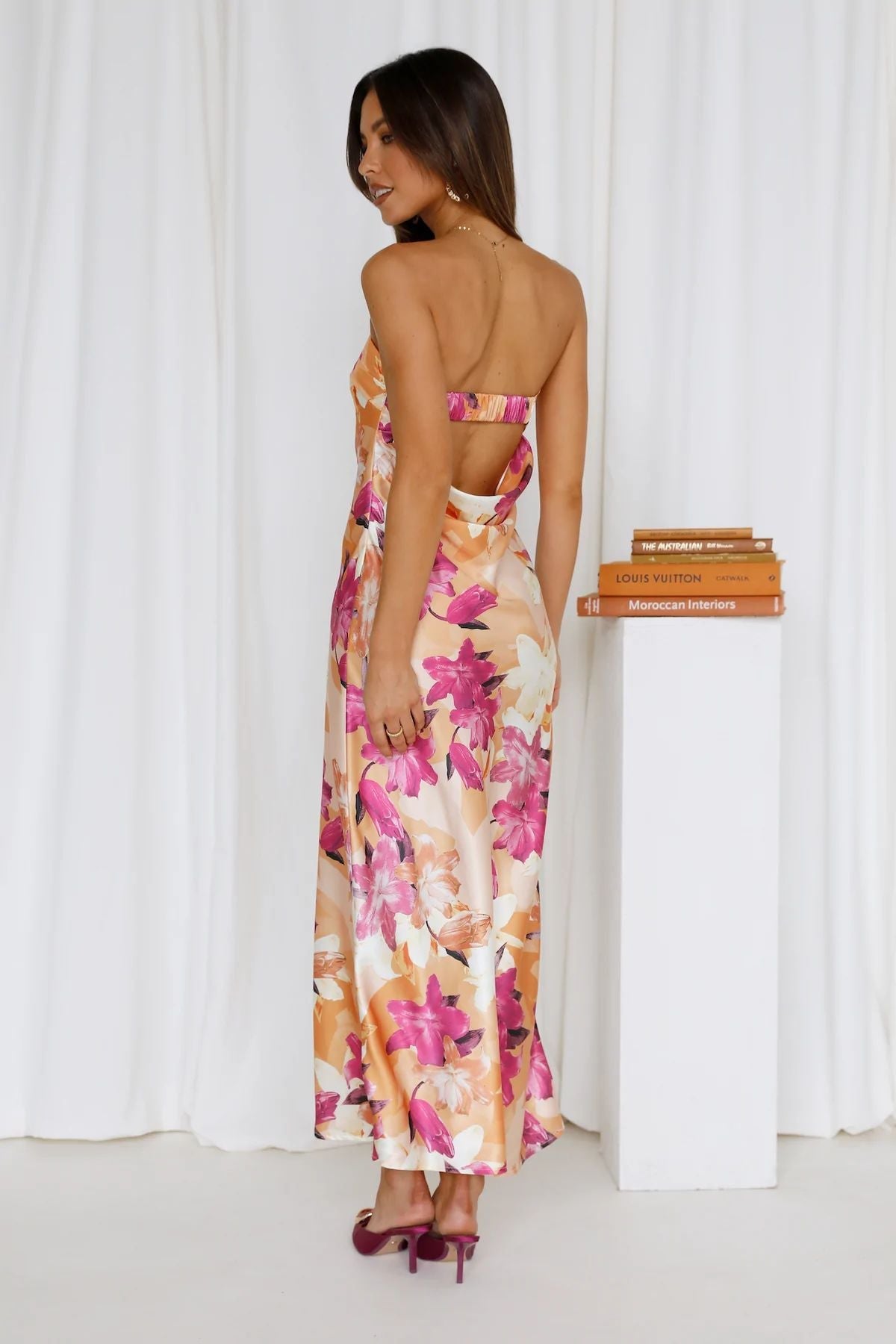 Elegant Satin Bandage Backless Tube Dress with Floral Print
