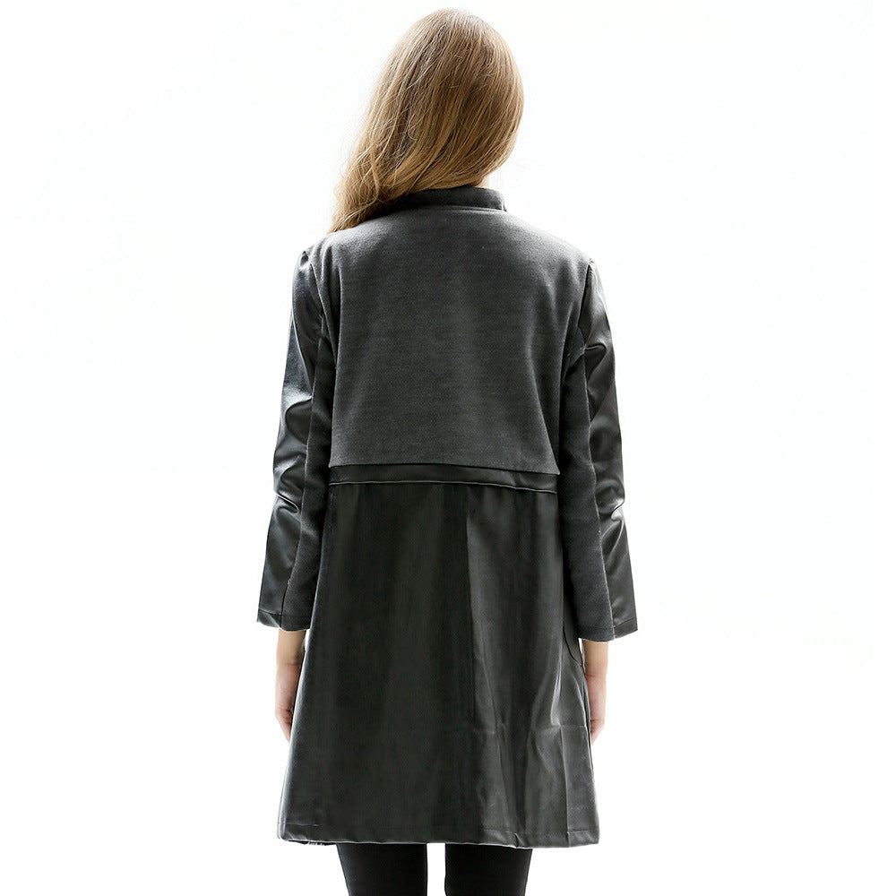 Women's Plus-Size Wool Blend Longline PU Leather Jacket