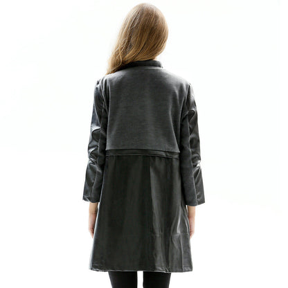 Women's Plus-Size Wool Blend Longline PU Leather Jacket