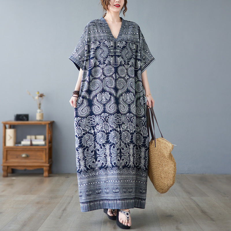 Vintage Linen Summer Holiday Long Cozy Dresses-Dresses-Blue-One Size-Free Shipping at meselling99