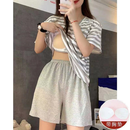 Casual Striped Summer Short Sleeves Shirts & Shorts Homewear