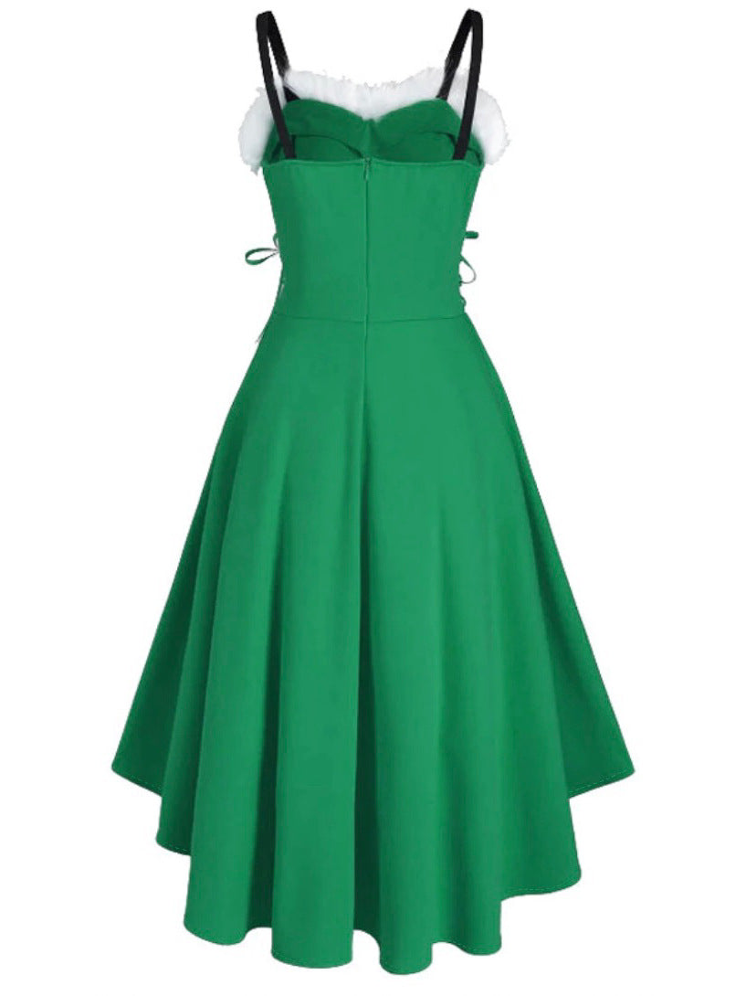 Christmas Party Bunny Outfit - Faux Fur Trim Off-Shoulder Bow Dress