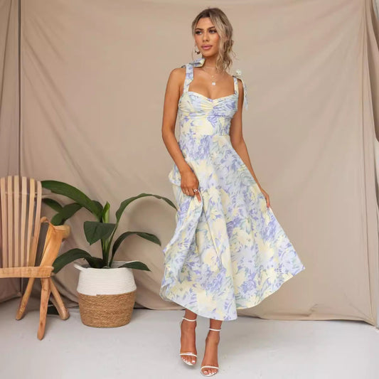 Summer Floral Print V-Neck Wrap Waist Midi Dres