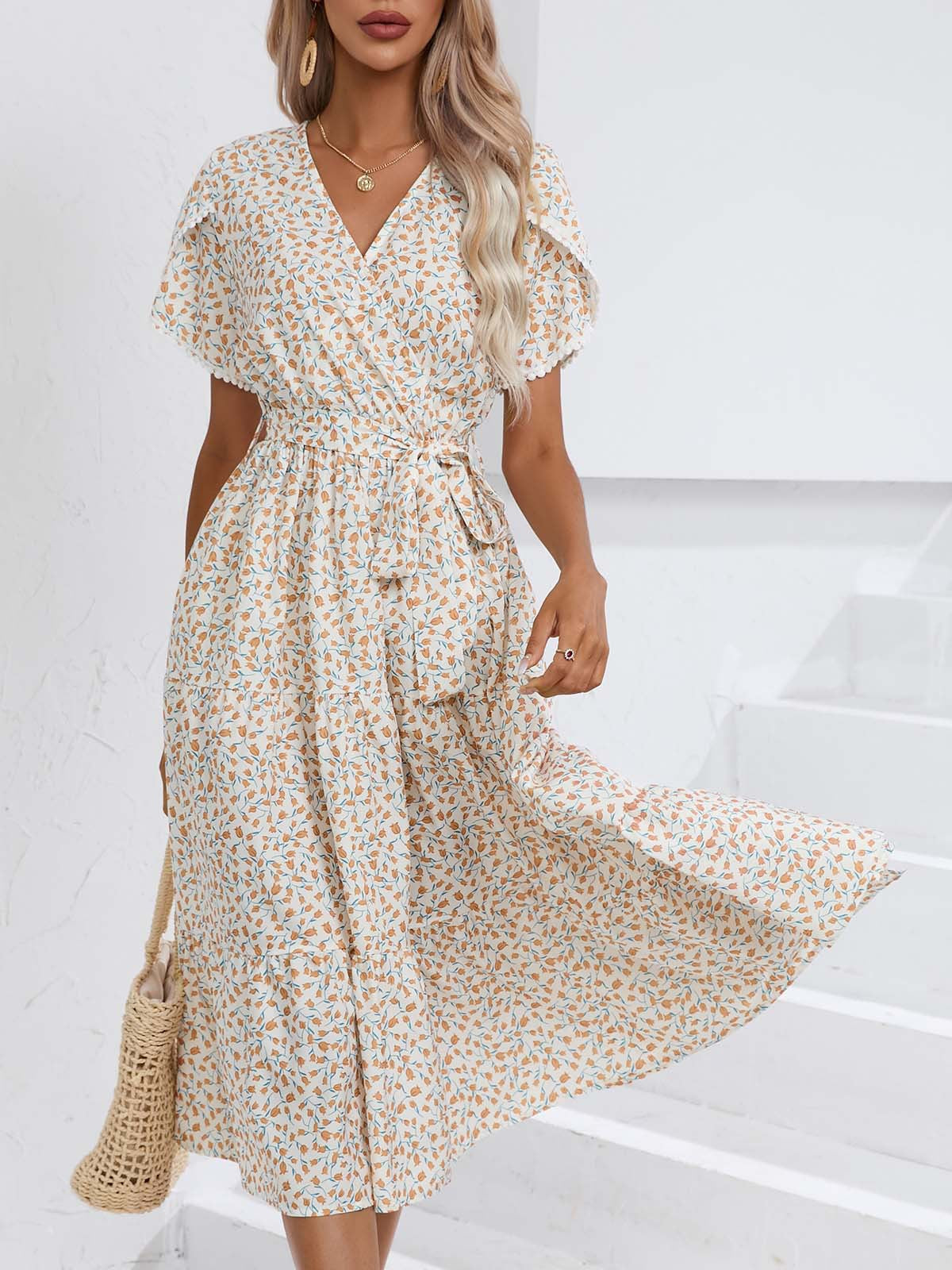 Women's Summer Floral V-Neck Split Hem Top