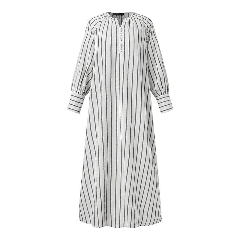 Plus Size Women's Linen Striped Round Neck Long Sleeve Casual Loose Fit Maxi Dress