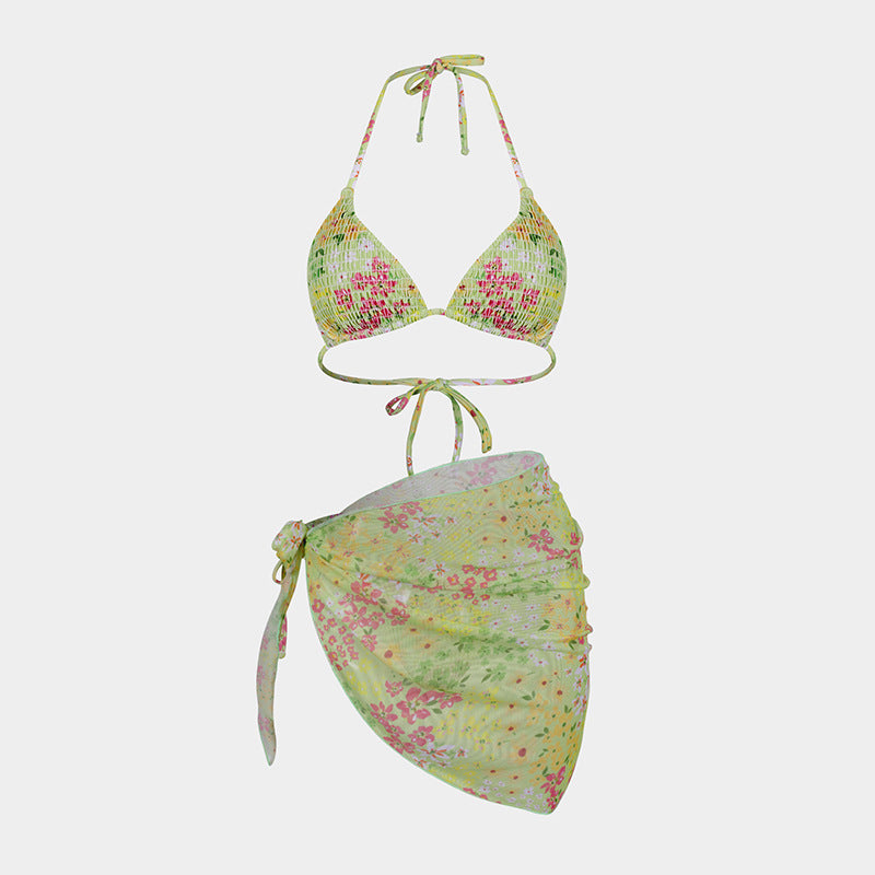 Print Bikini Three-Piece Set – Sheer Skirt Separates, Sexy Vacation Swimwear