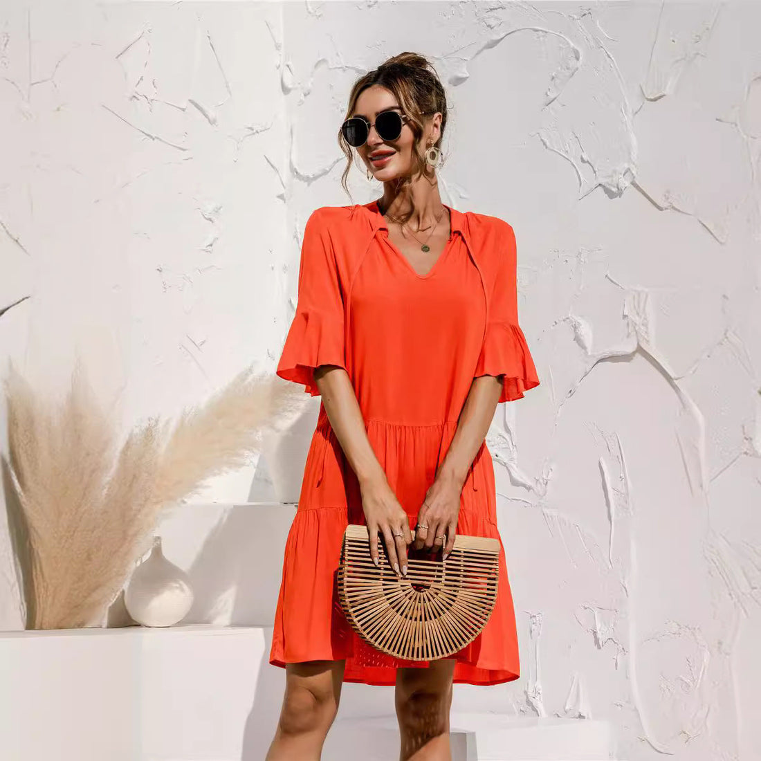 Women's V-Neck Flared Sleeve Tiered Contrast Panel Dress