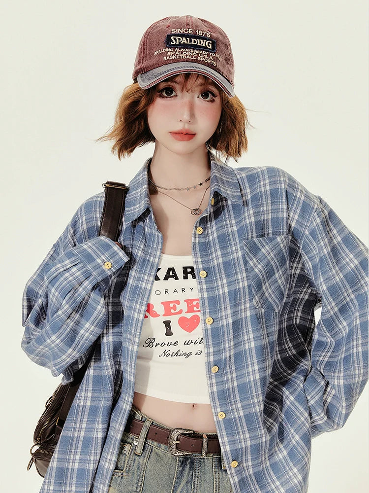 Girlyhalo Women's Blue Plaid Shirt - Oversized Fall Shacket for a Youthful Look