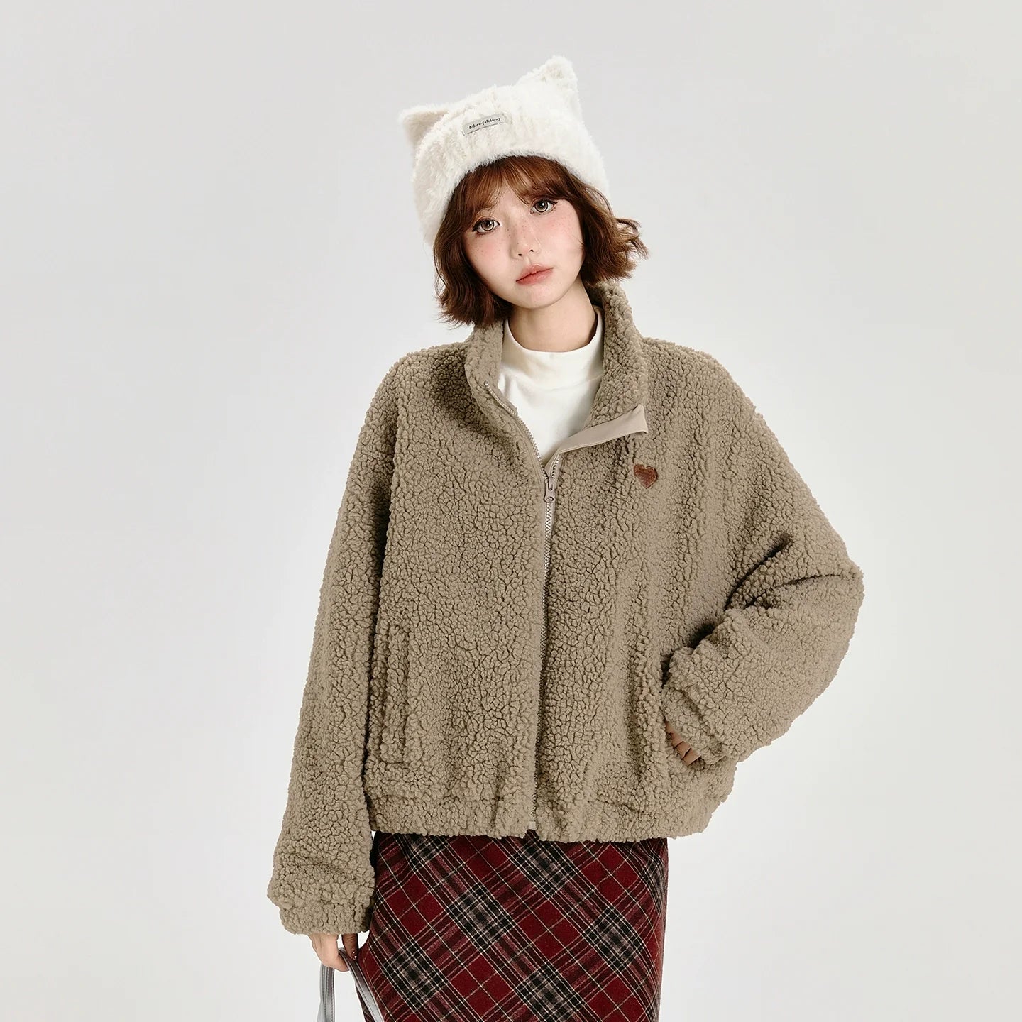 Girlyhalo Women's Vintage Faux Shearling Jacket-Khaki-S-Free Shipping Leatheretro