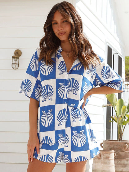 Women's 2-Piece Set – Lapel Short Sleeve Shirt & Shorts Outfit