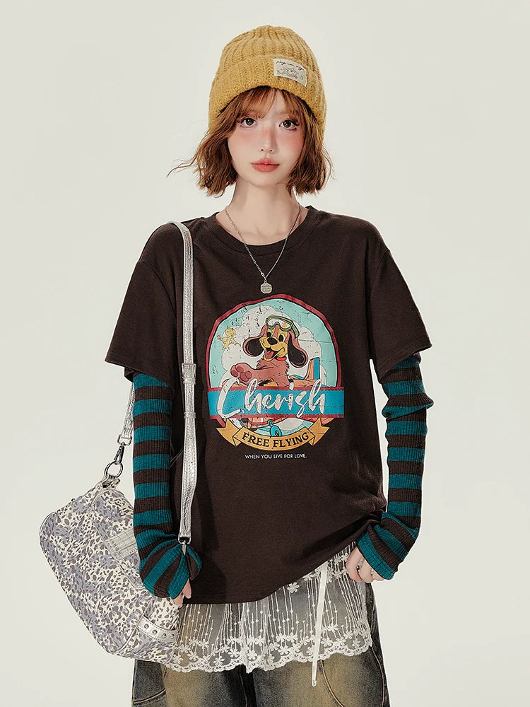 Girlyhalo Retro Fake Two-Piece Round Neck Long Sleeve T-Shirt-Color matching without lace-S-Free Shipping Leatheretro