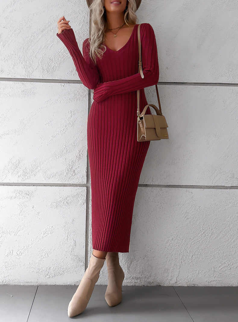 Elegant V Neck Long Sleeves Knitted Dresses