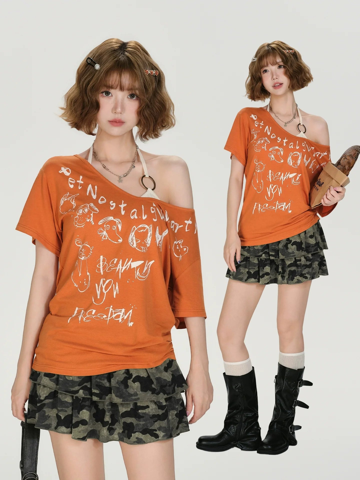 Girlyhalo Retro Baddie Print Off-Shoulder T-Shirt