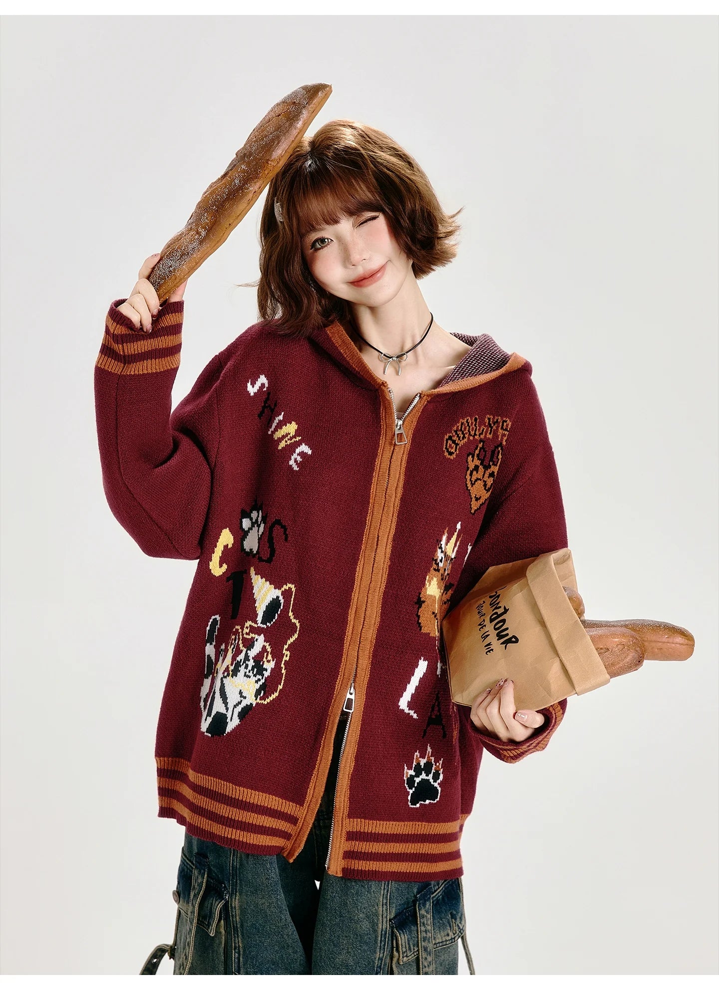 Girlyhalo Oversized Hooded Cardigan-Red-S-Free Shipping Leatheretro