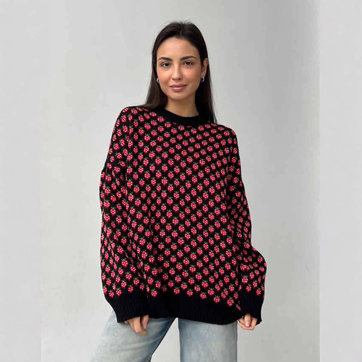 Oversized Strawberry Print Sweater