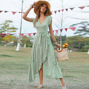 Bohemian V-Neck Tie-Waist Maxi Dress