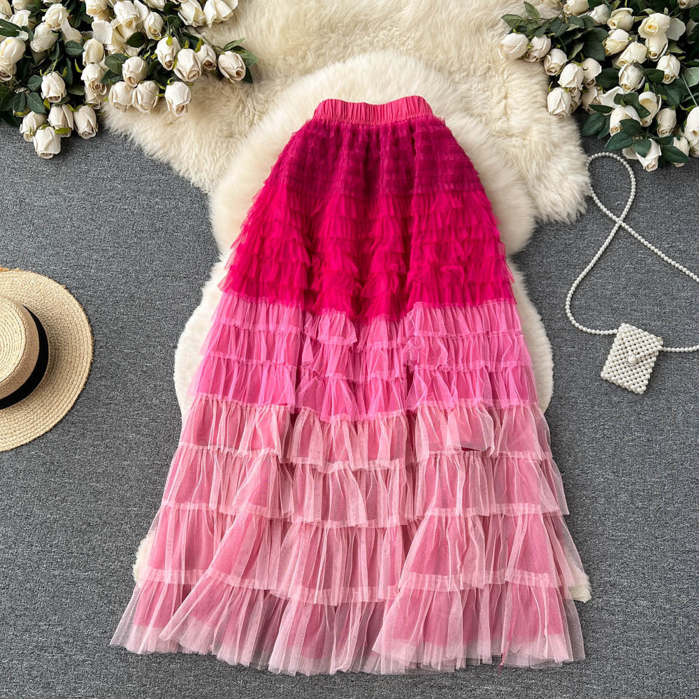 Women's Mid-Length Gradient Mesh A-Line Cake Skirt