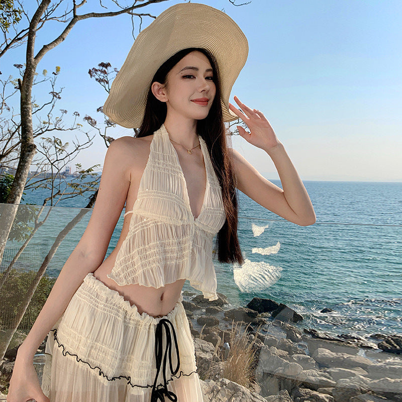 Vacation Style Halter Neck Top & High-Low Skirt Set