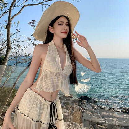 Vacation Style Halter Neck Top & High-Low Skirt Set