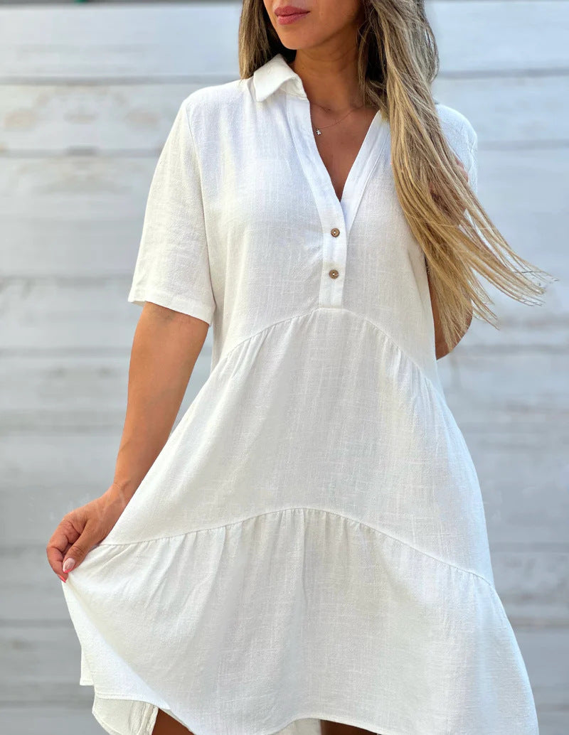 Women's Loose Fit Solid Color Lapel Casual Short Sleeve Linen Blend Dress