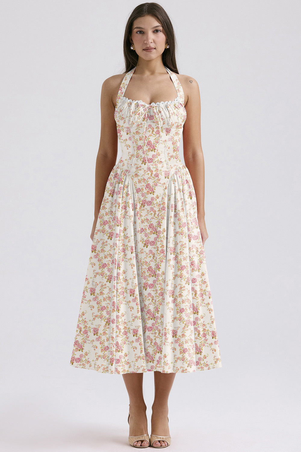 Women's Summer Floral Print Bodycon Halter Neck Maxi Dress
